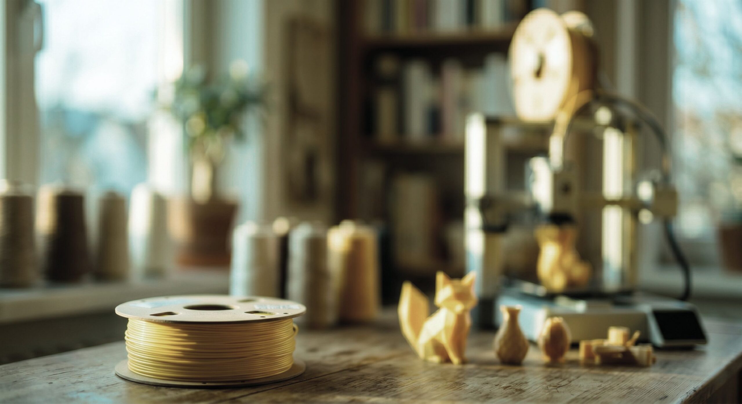Light, low-contrast flat-lay of colorful 3D-printed toys, filament, sketchbook and pencils around an open cream surface