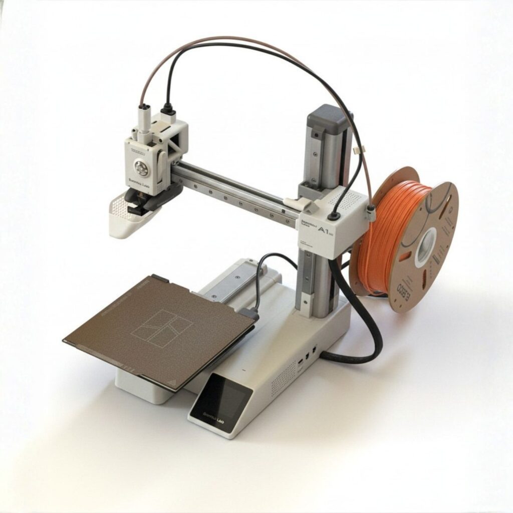 Bambu Lab A1 Mini 3D printer with an orange filament spool on a white background — the recommended first printer for kids