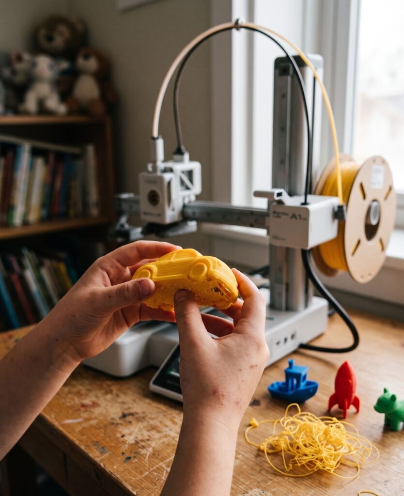 Child's hands holding a yellow 3D-printed toy car with visible layer lines beside a Bambu Lab A1 Mini printer