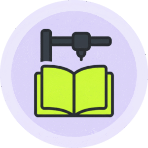 Flat icon of an open book with a small 3D printer above it