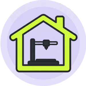 Flat icon of a house outline with a small 3D printer inside