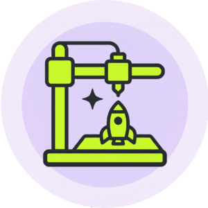 Flat icon of a 3D printer with a fresh print on the bed and a sparkle