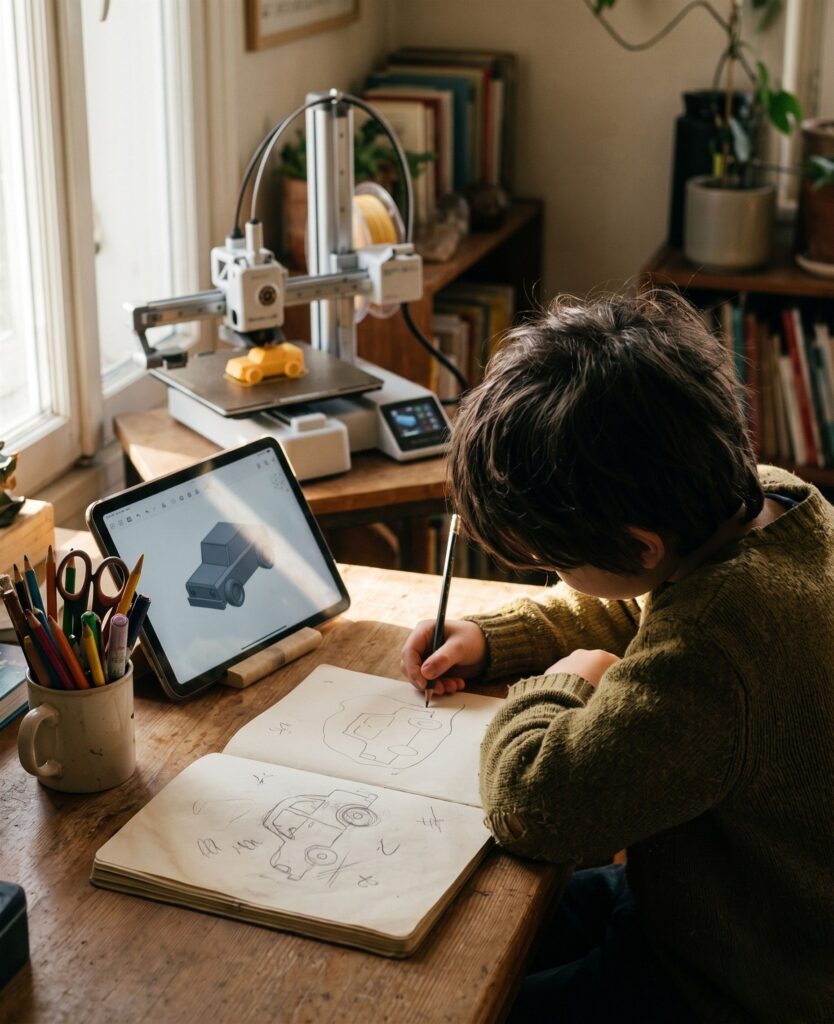 Child seen from behind sketching a toy car at a sunlit home desk while a Bambu Lab A1 Mini 3D printer makes it in yellow
