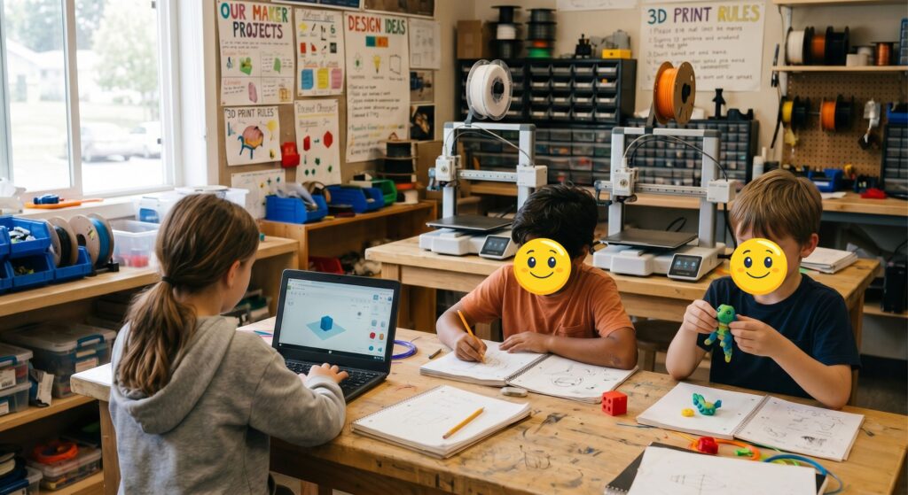 Three children at a classroom makerspace table designing and handling 3D prints while a teacher helps, A1 Mini printers on a side bench