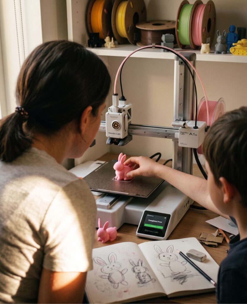 Mother and child seen from behind lifting a freshly printed pink bunny off a home 3D printer, shelf of colorful filament behind