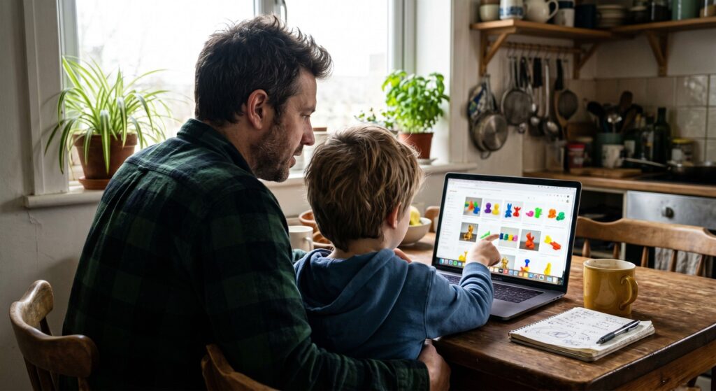 Parent and child seen from behind at a kitchen table looking at 3D printers and printed toys on a laptop